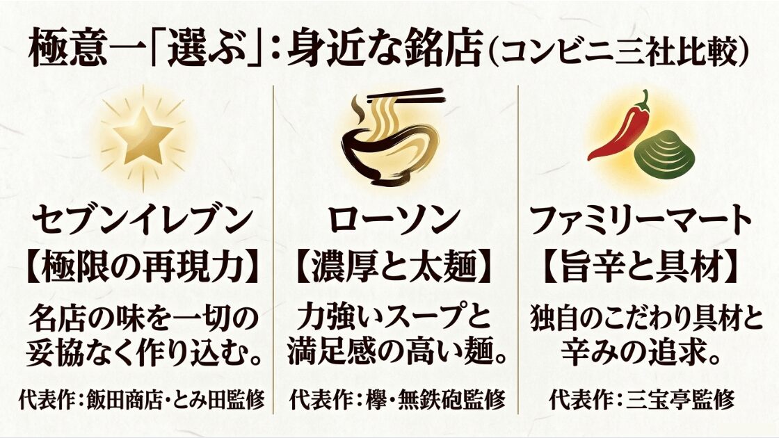 セブンイレブンの再現力、ローソンの濃厚太麺、ファミリーマートの旨辛など、コンビニ各社の強みと代表作をまとめた比較スライド
