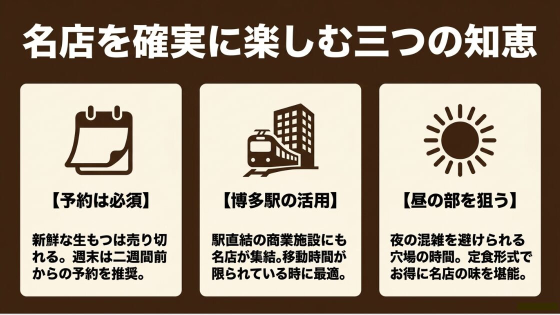 2週間前予約の推奨、博多駅の活用、穴場の昼の部(ランチ)利用など名店を賢く予約するコツ