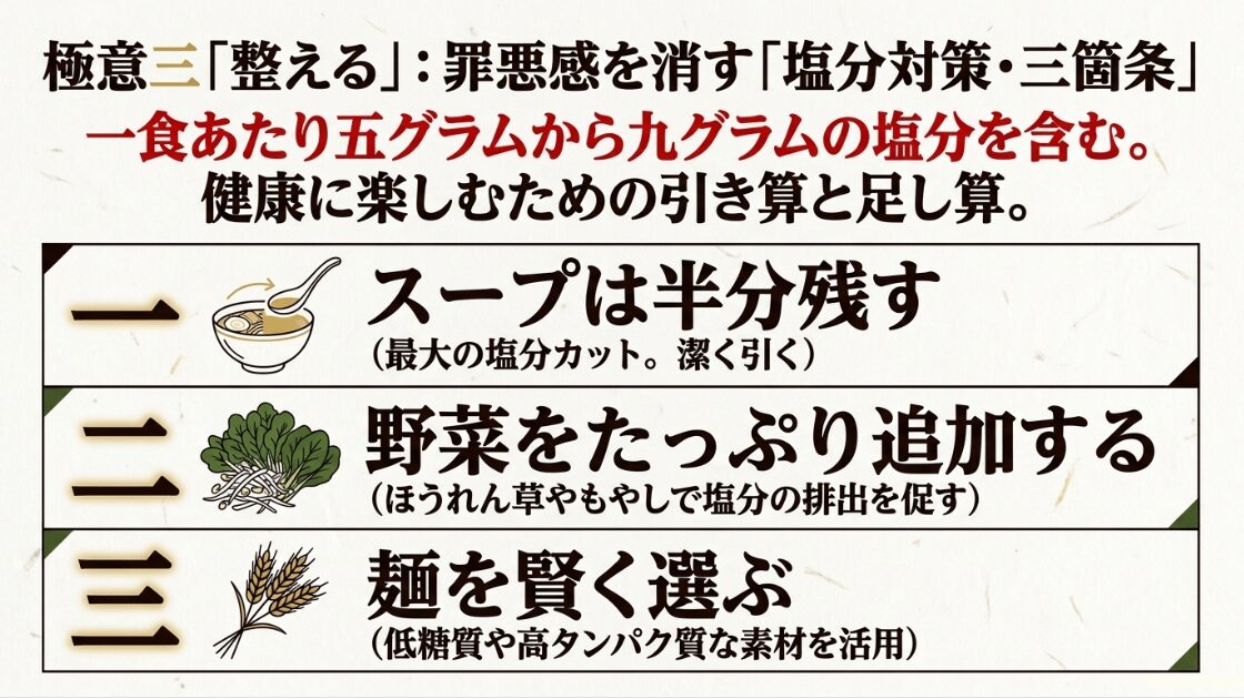 スープを半分残す、野菜をたっぷり追加する、麺を賢く選ぶといった健康に楽しむためのポイントをまとめたスライド