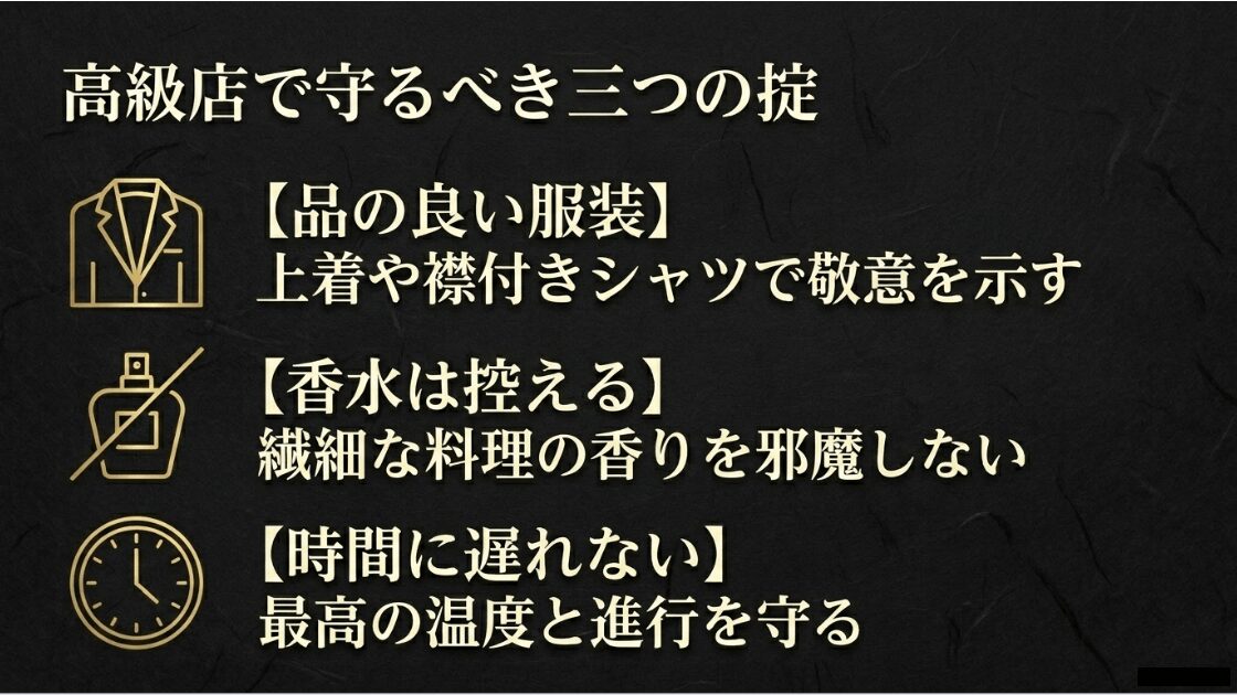 服装(スマートカジュアル)、香水の自粛、時間の厳守という高級レストランの基本マナー