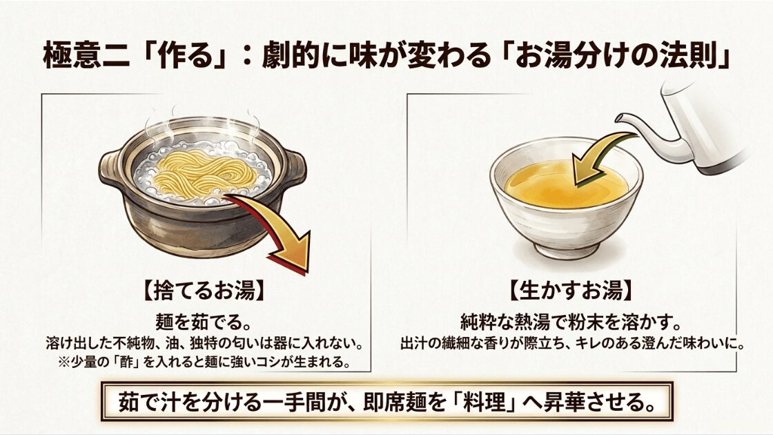 麺を茹でるお湯(捨てる)とスープのお湯(生かす)を分けることで、不純物を除きキレのある味わいにする手順の解説スライド