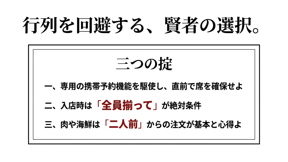 携帯予約機能の活用、全員揃っての入店、2人前注文の基本など、新大久保での行列回避とルールをまとめたスライド