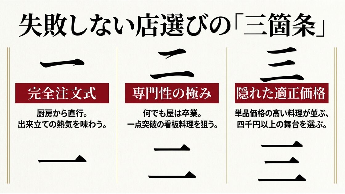 完全注文式、専門性の極み、適正価格(4,000円以上)の3つのポイントを解説した図解