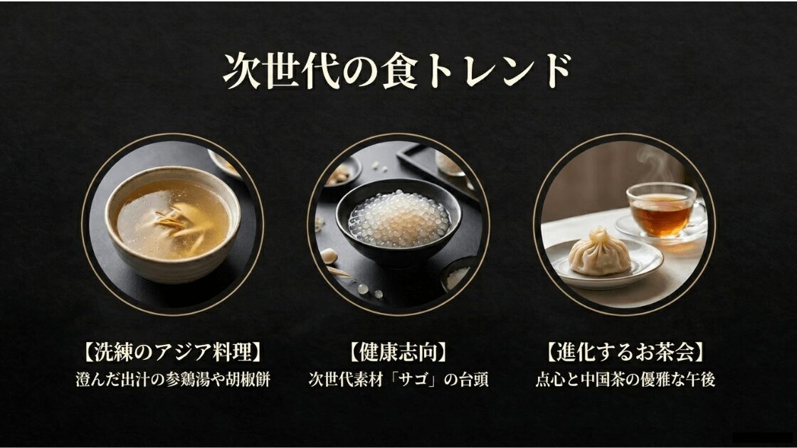 澄んだ出汁のアジア料理、健康素材サゴ、進化する中国茶アフタヌーンティーの紹介スライド