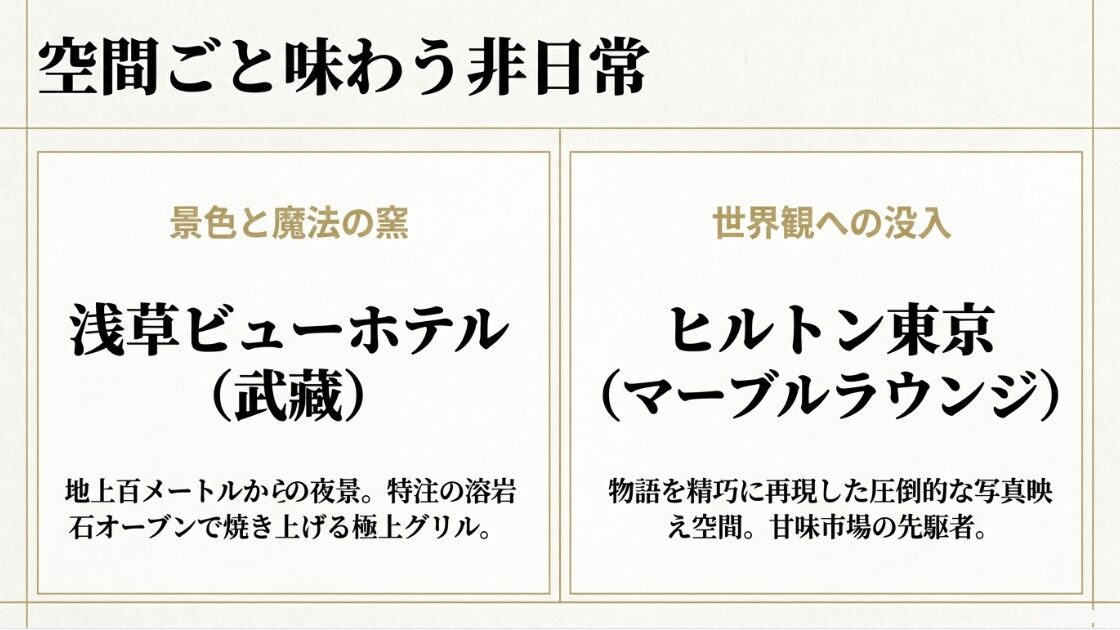 絶景を楽しめる浅草ビューホテルと世界観に没入できるヒルトン東京