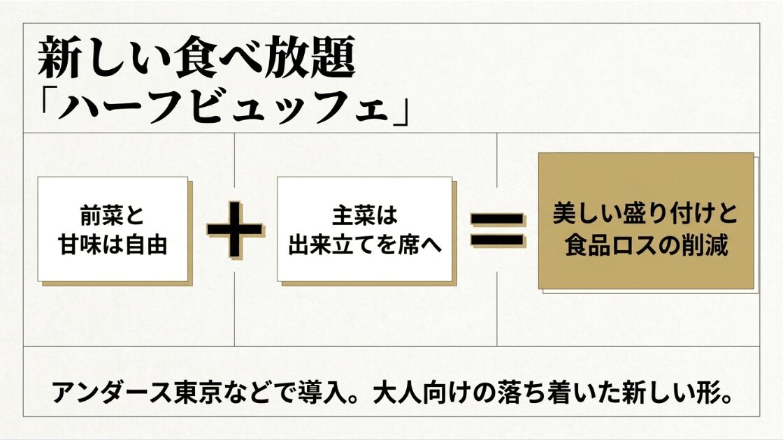前菜と甘味は自由に選び、主菜は出来立てを席へ届けるハーフビュッフェの仕組み