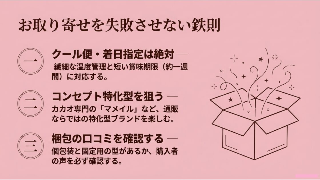 クール便指定、コンセプト特化型の選択、梱包の口コミ確認を説明するプレゼントボックスのイラスト