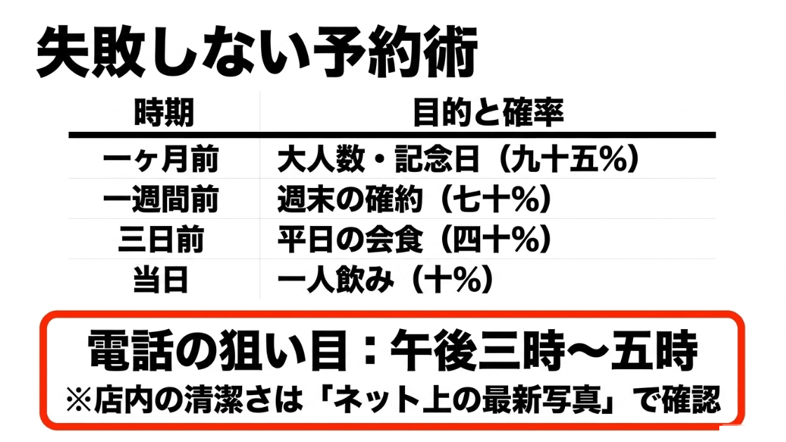 来店時期別の予約成功率と、店が忙しくない午後3時〜5時の電話予約の推奨