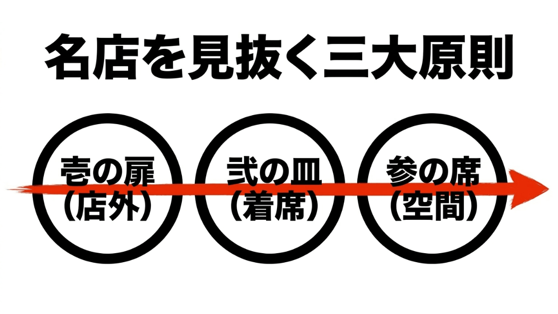 居酒屋の名店を見分ける3つのチェックポイント(店外、着席、空間)の概要
