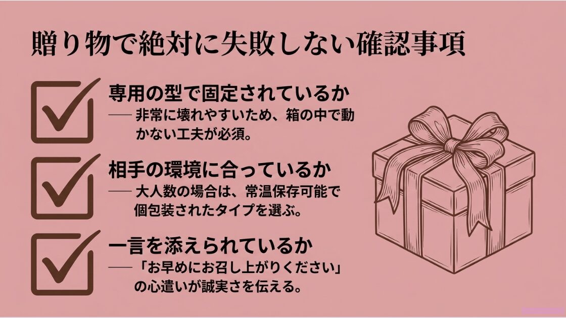 梱包の固定、相手の環境、メッセージの有無をチェックするチェックリストとギフトボックスのイラスト