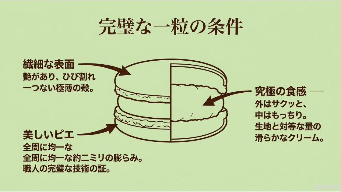 完璧なマカロンの条件として、繊細な表面、均一なピエ、外サク中もちの食感を説明する図解