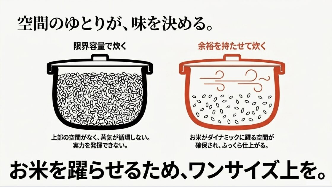 限界容量で炊いた場合(蒸気が循環しない)と余裕を持たせて炊いた場合(お米がダイナミックに躍る空間がある)の内釜のイラストを比較したスライド画像