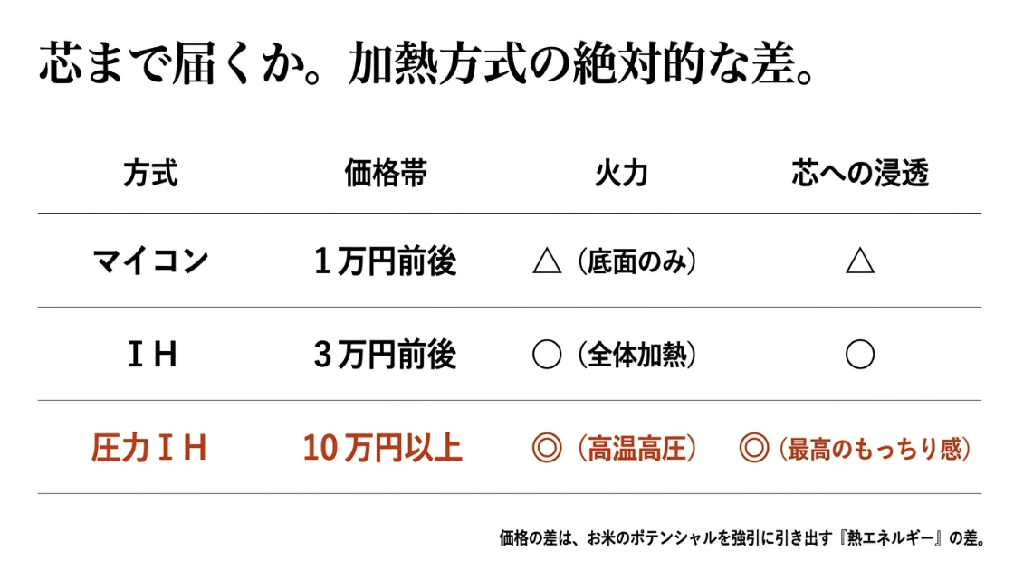 マイコン式、IH式、圧力IH式の価格帯、火力、芯への浸透度を比較し、価格の差が熱エネルギーの差であることを示した比較表のスライド画像