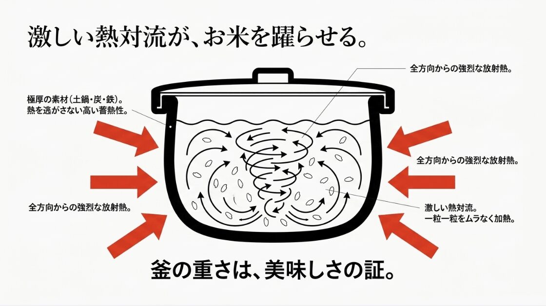土鍋・炭・鉄などの極厚素材による高い蓄熱性と全方向からの放射熱で、激しい熱対流を起こしお米を一粒一粒ムラなく加熱する仕組みを解説したスライド画像