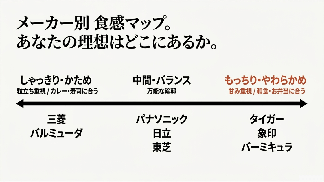 三菱・バルミューダ(しゃっきり・かため)、パナソニック・日立・東芝(中間・バランス)、タイガー・象印・バーミキュラ(もっちり・やわらかめ)の食感傾向を分類したマップのスライド画像