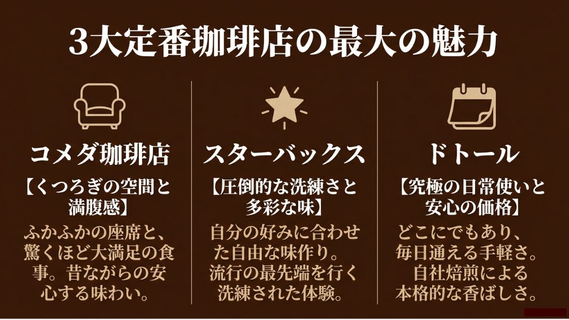 コメダ珈琲店(くつろぎと満腹感)、スターバックス(洗練と多彩な味)、ドトール(日常使いと安心価格)の3大定番チェーンの魅力を比較したスライド